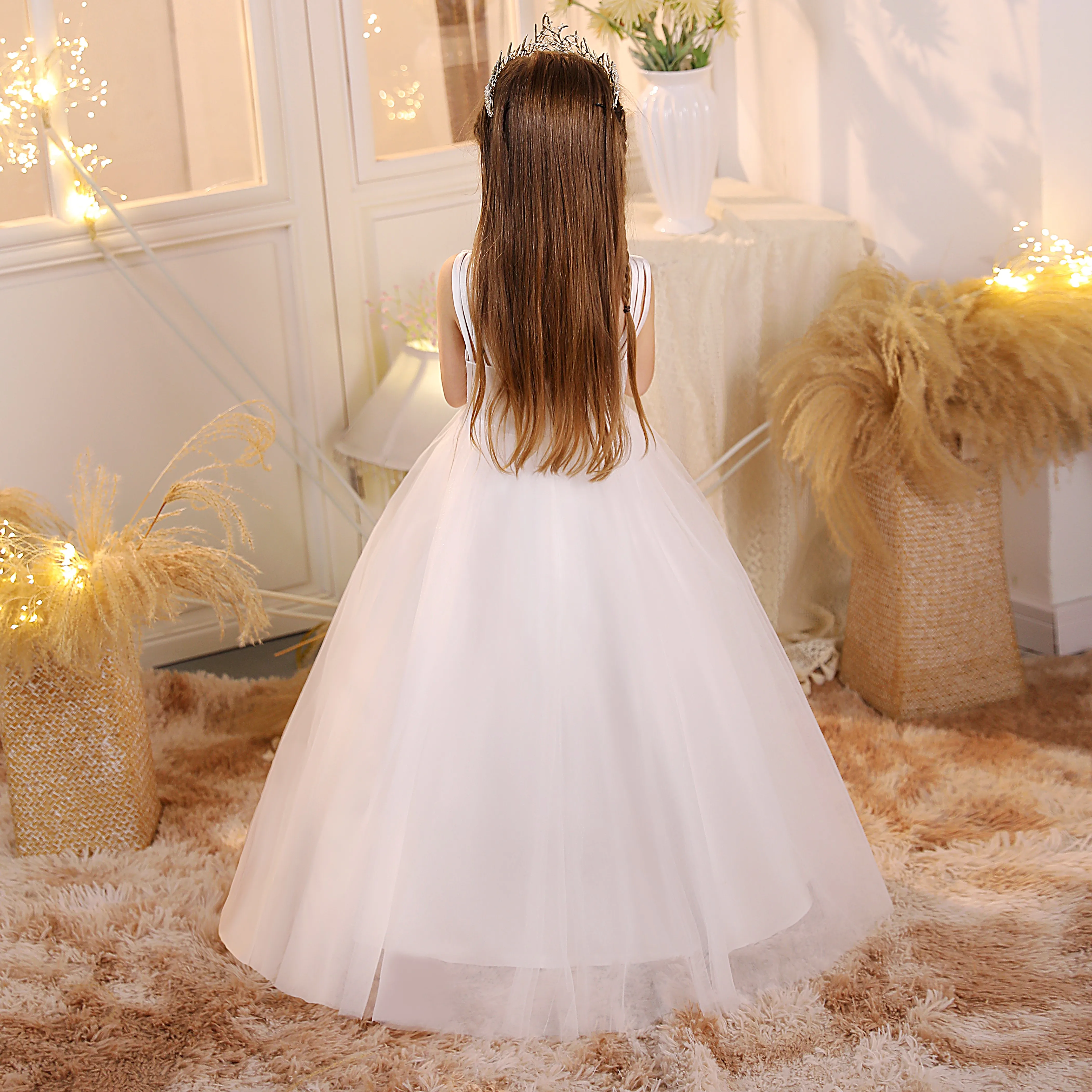 Платья для девочек цвета слоновой кости на свадьбу, пышное Тюлевое, бальное платье принцессы для конкурса, детский день рождения, платье для первого причастия