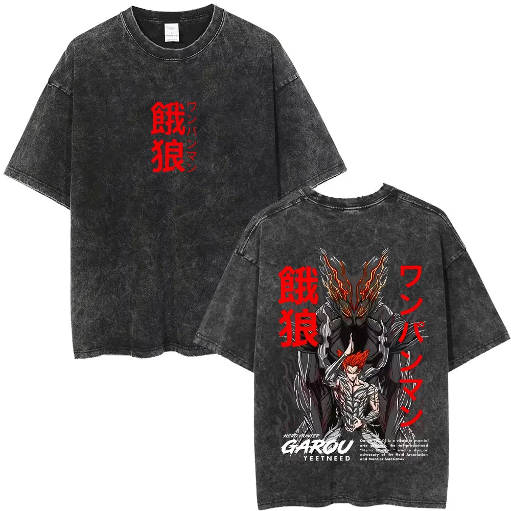 Washed Vintage Anime One Punch Man Garou Graphic T Shirt Men Women Casual Cotton Retro T-shirt Men's Oversized Tees Short Sleeve