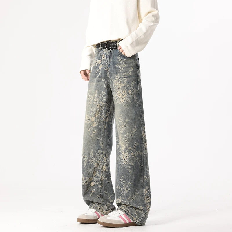 Spring/Summer Men's Flared Denim Jeans, Jacquard Casual Pants, American High Street Fashion Denim Pants