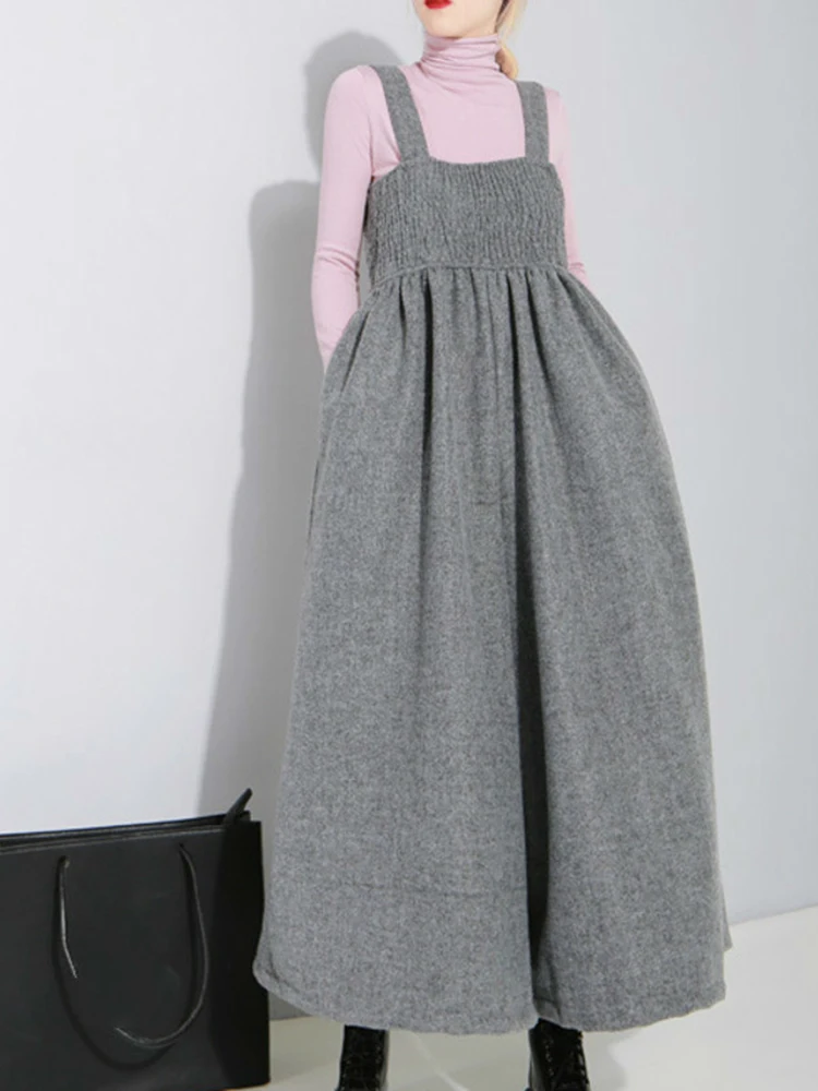 [EAM] 2024 New Autmn Winer Loose Strap Vintage Pleated High Waist Ankle-length Wide Leg Pants Women Fashion Tide OB198