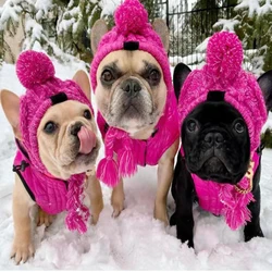 Dog Winter Knitted Warm Hat Head Windproof Hat with Cute Wool Braids Outdoor Snow Protectio Warm Pom Hat Pet Knitted Accessories