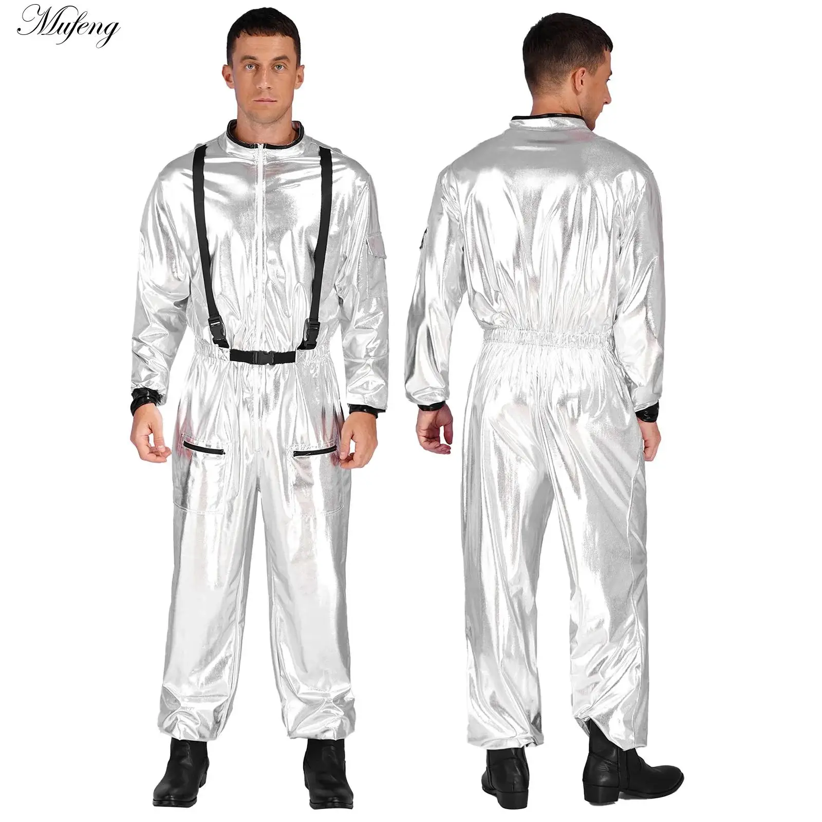 

Adult Silver Spaceman Costume Women Men Space Suit Halloween Party Dress up Astronaut Jumpsuit Bodysuit Disco Street Dance Outfi