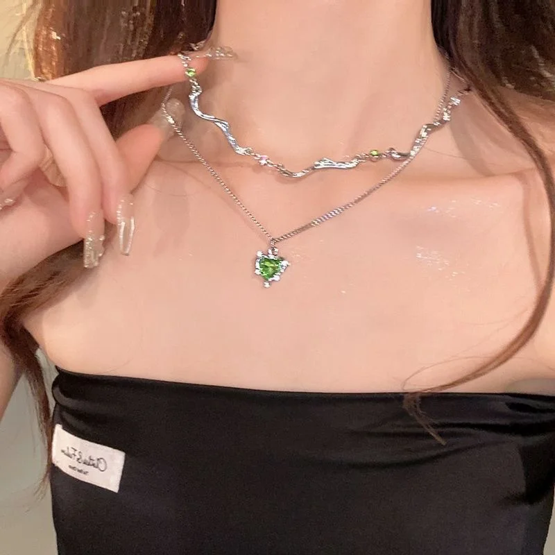 Green Crystal Heart Pendant Necklace Y2K Girls Double Layer Summer Fresh Sweet Luxury Clavicle Chain Women Fashion Jewelry Gifts