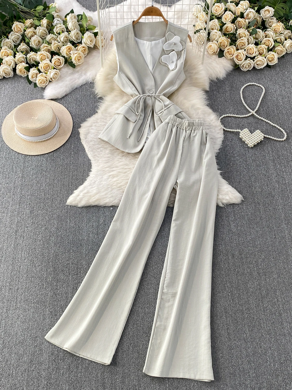 Elegant V-Neck Sleeveless Suit Jacket High Waist Straight Leg Pants Two-Piece Set Floral Embroidery Wide Leg Pants Spring Sum...