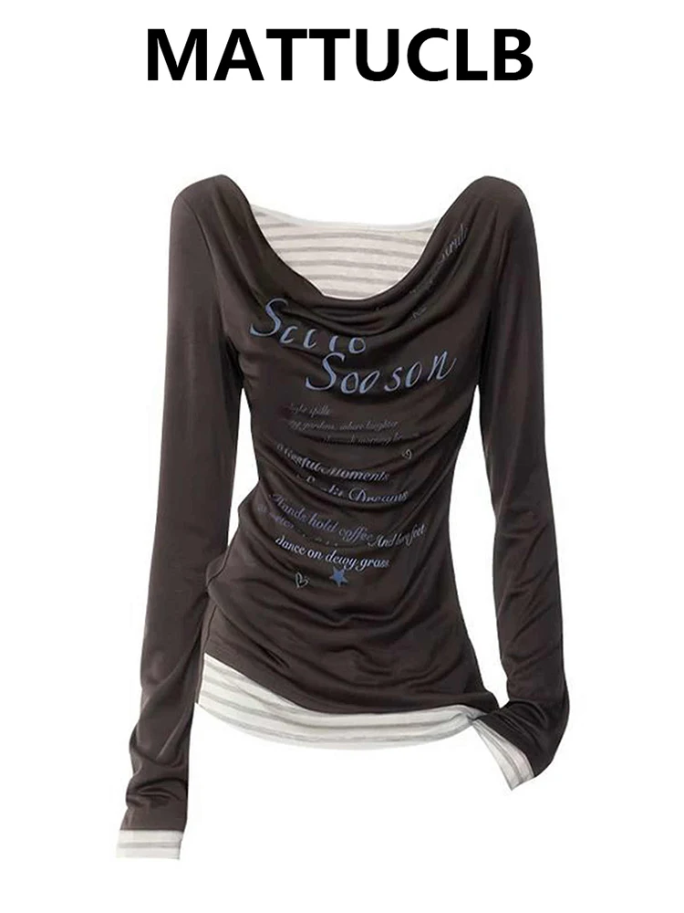 

2025 Autumn Winter Women Korean Fashion V-Neck Top Long Sleeve Fake Two Pieces Design 2000s Tees Coquette Gyaru Y2k Streetwear