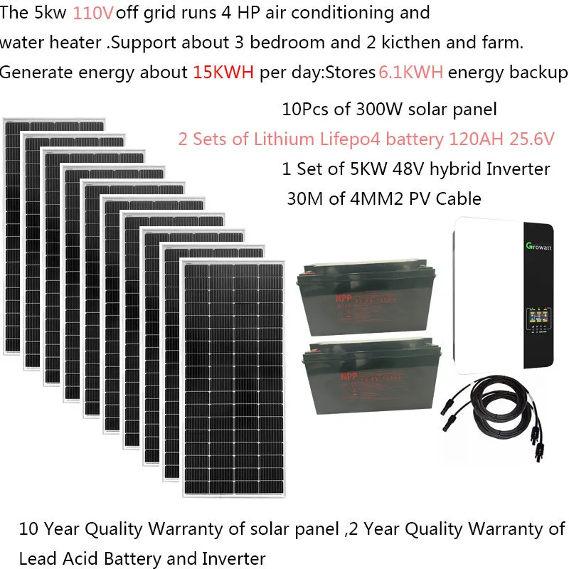 Sistema Solar completo, 5kW, 5000W, 220V, 300W, batería de litio de W LiFePO4, inversor híbrido de 120AH Growatt, hogar, granja, casa, piscina