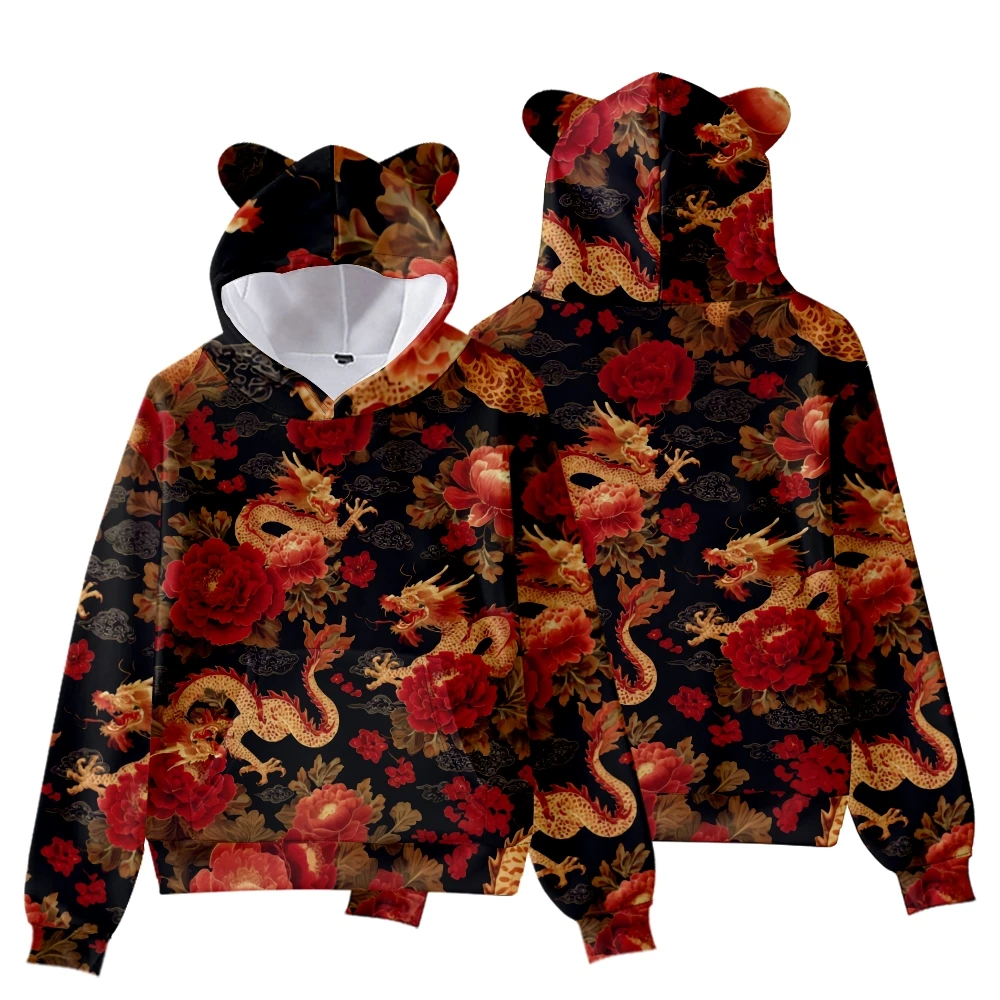 سويت شيرت نسائي بغطاء للرأس من Oriental Streetwear بتنين صيني ذهبي وطباعة زهور مع آذان دب لطيفة على طراز هاراجوكو #2