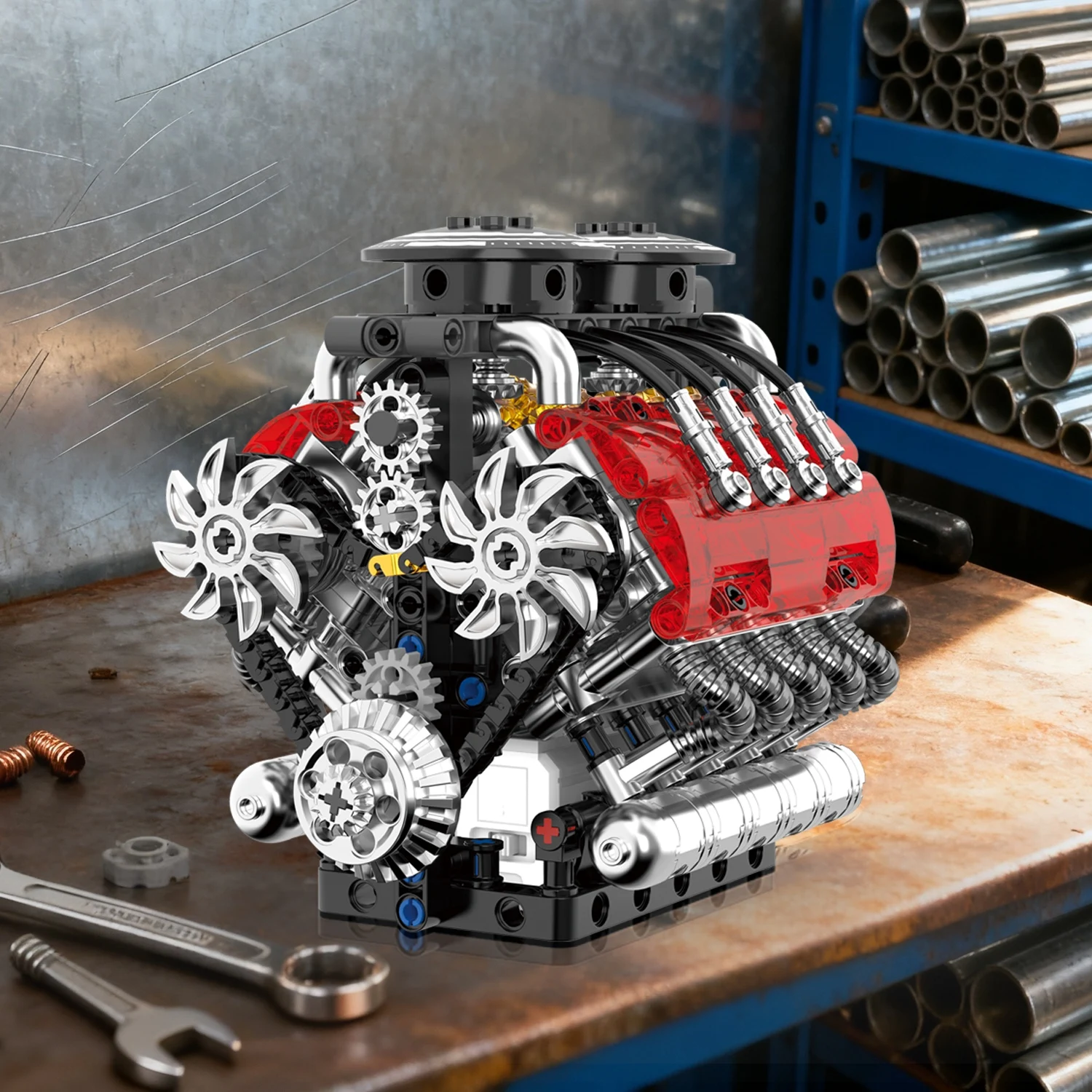 

Технический конструктор V8 из 548 деталей, электрическая моторизованная модель с двойным турбонаддувом, детали гоночного автомобиля, настольное украшение