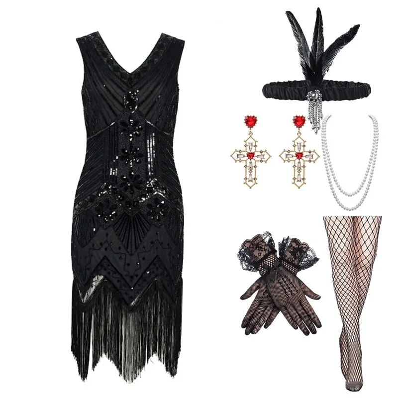 1920s Vintage Flapper Girls Gatsby Party Dress For Women Fiveshell Sleeveless Sequin Tassels Dresses With Necklace Accessories