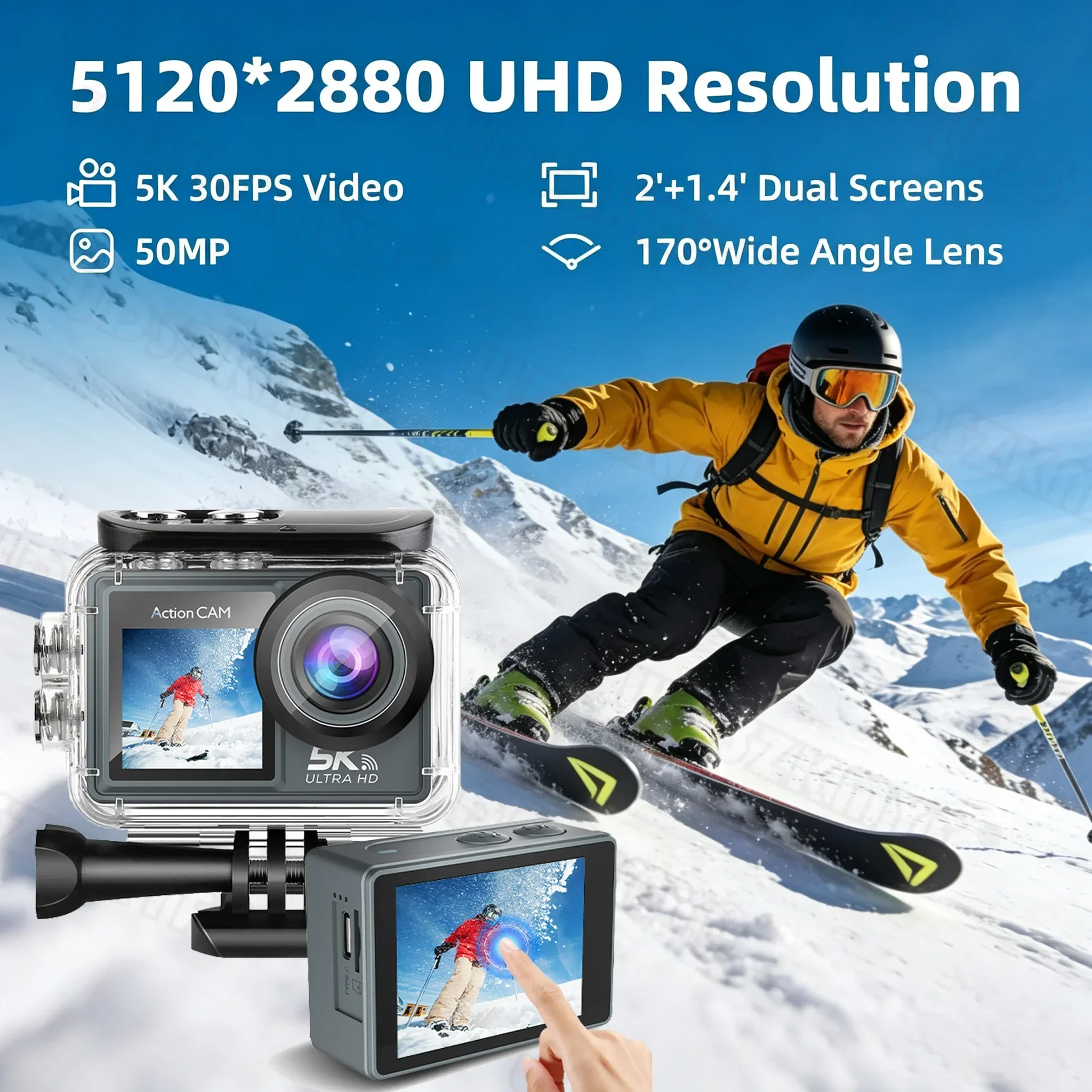 5K Action Camera Anti-shake Dual IPS Touch 5X Zoom 170° Wide Angle 30M Waterproof WiFi Mini Sports Cam with Remote Control