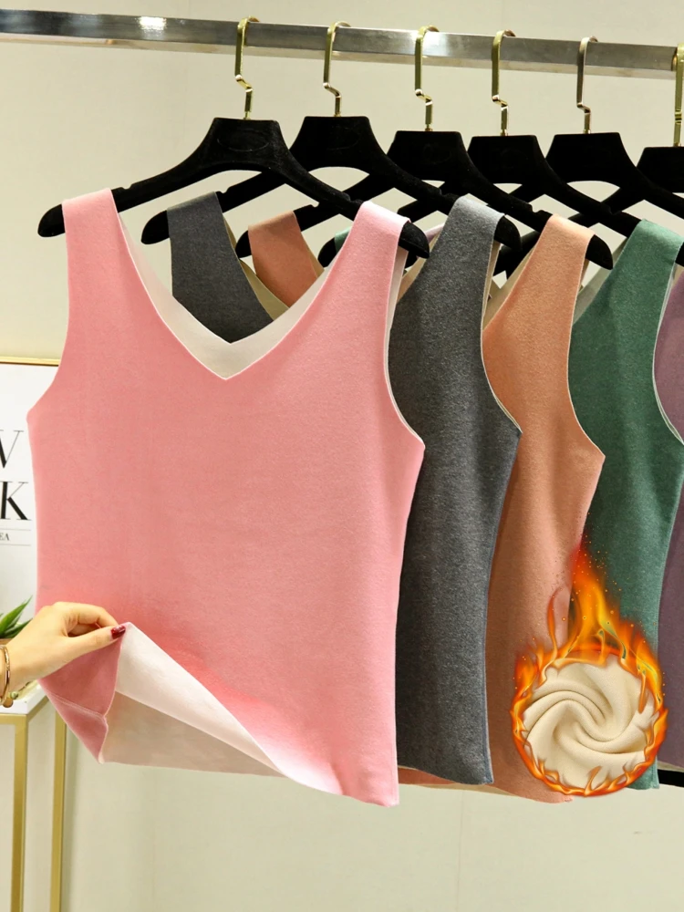 Women's Thickened Silk Velvet Heating V-neck Vest Warm Strapless Fleece Lined Seamless Inner Wear Base Shirt Autumn Winter