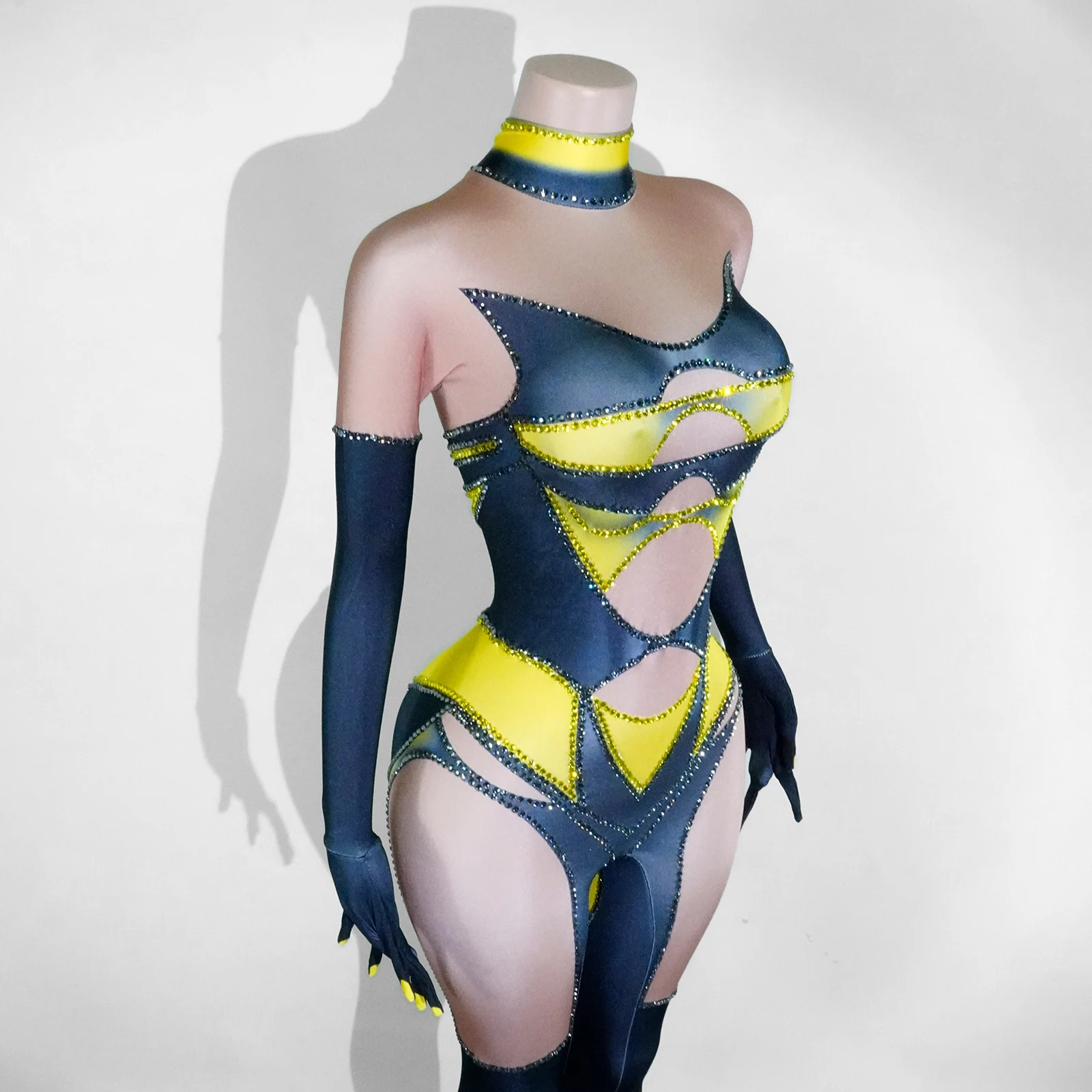 مثير سباركلي الراين بسط نحيل بذلة مع قفازات لملهى ليلي حفلة راقصة أداء المرحلة ارتداء GOGO الزي