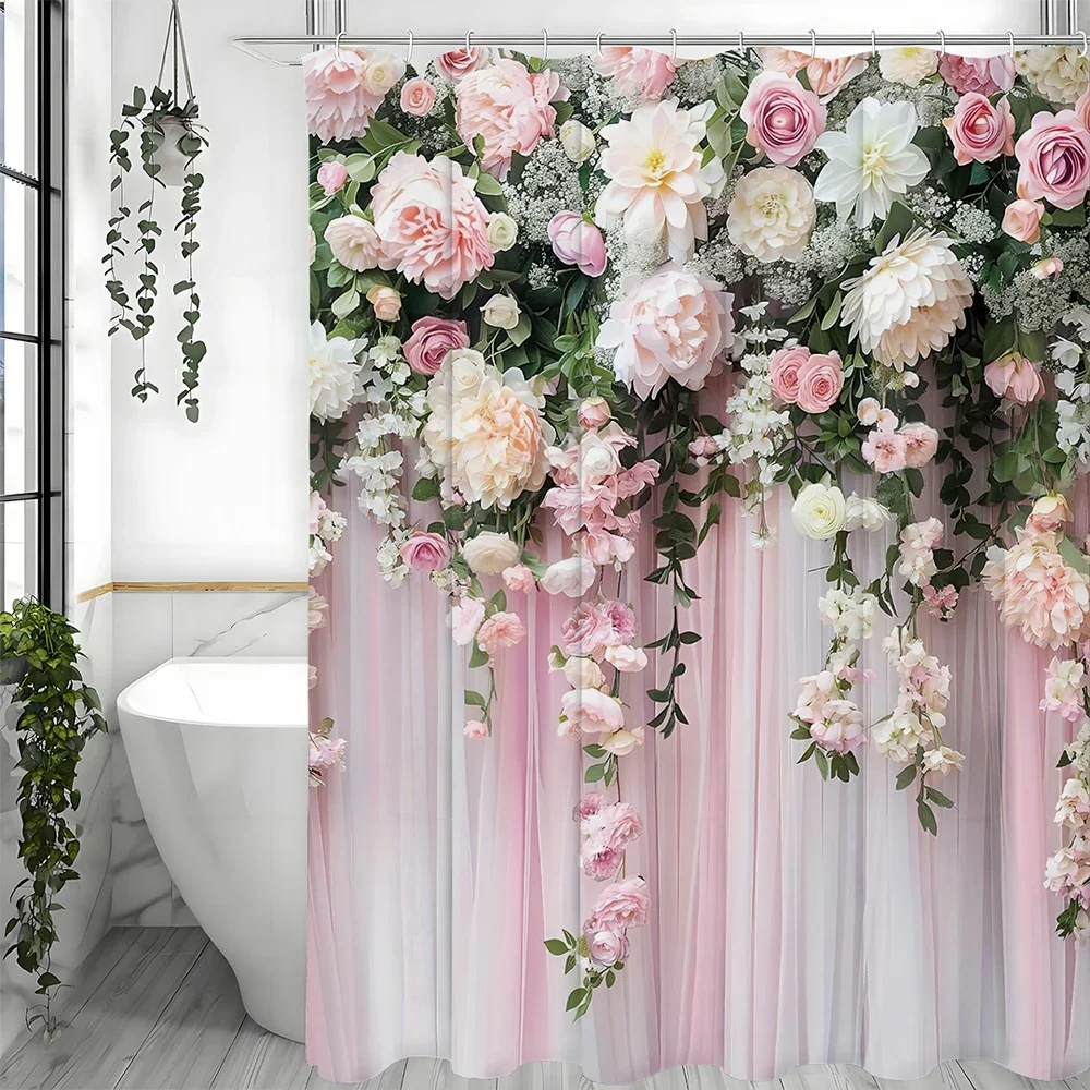 

Pink Flower Shower Curtain for Women Bridal Wedding, Pink Flower Romantic Suitable for Girls and Ladies, Bathroom Decorative Sh