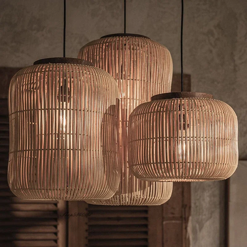 Japan Rattan Weaving Pendant Light Teahouse Restaurant Chandelier Wabi Sabi Living Room Ceiling Light for Home Decoration Lustre