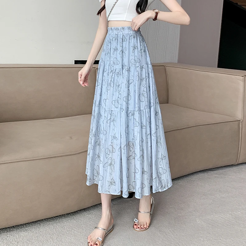 Printed Mid-length Skirt Women High Waist Polyester A Line Skirt Korean Vintage Hot Drilling Streetwear Loose Casual Skirts New