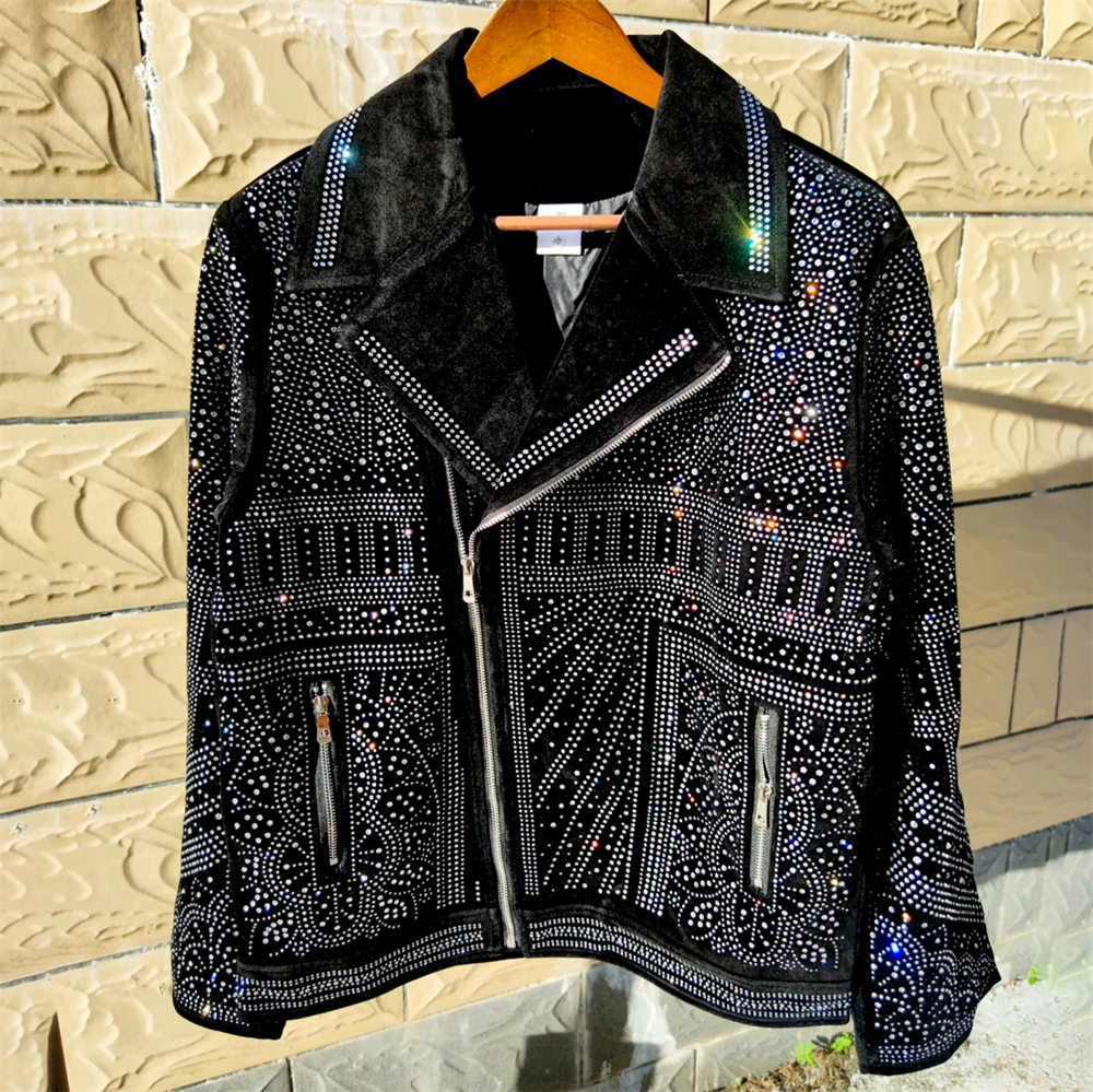 Black Rhinestones Motorcycle Jacket Coat Jaqueta Bomber Diamond 2024 New Top Quality Luxury Hot Drill Punk Club Outfit Jacket