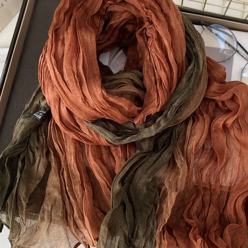 Frauen Schal Winter Baumwolle Hanf Farbverlauf Blau Koreanische Schalldämpfer Vielseitig Gedruckt Lange Weiche Mode Trend Falten Schal DIY