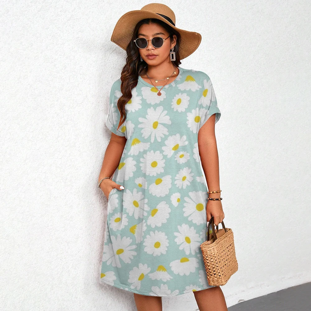 

The Latest Women's Sunflower Print Beach Vacation Style Dress Fashion Generous Simple Oversized Loose Round Neck Mid-length Dres