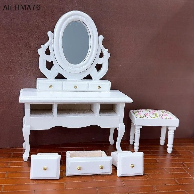 1 Set 1:12 Dollhouse Miniature Furniture Dressing Chair and Table With Mirror Toy Dollhouse Bedroom Decoration Accessories
