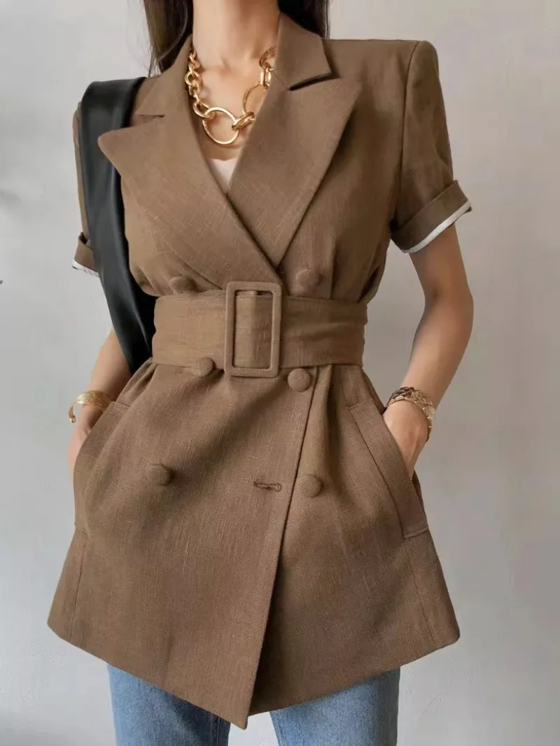 Koreańska damska mini sukienka z krótkim rękawem Vintage Turn Down Collar High Waist A-line Coat Fashion Female Casual Short Jacket Summer