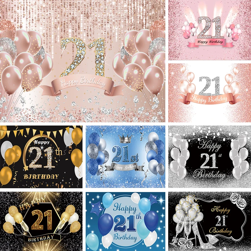 

21st Birthday Backdrop Girl 21 Years Party Decorations Banner Woman Men Rose Gold Glitter Balloon Twenty-One Photo Background