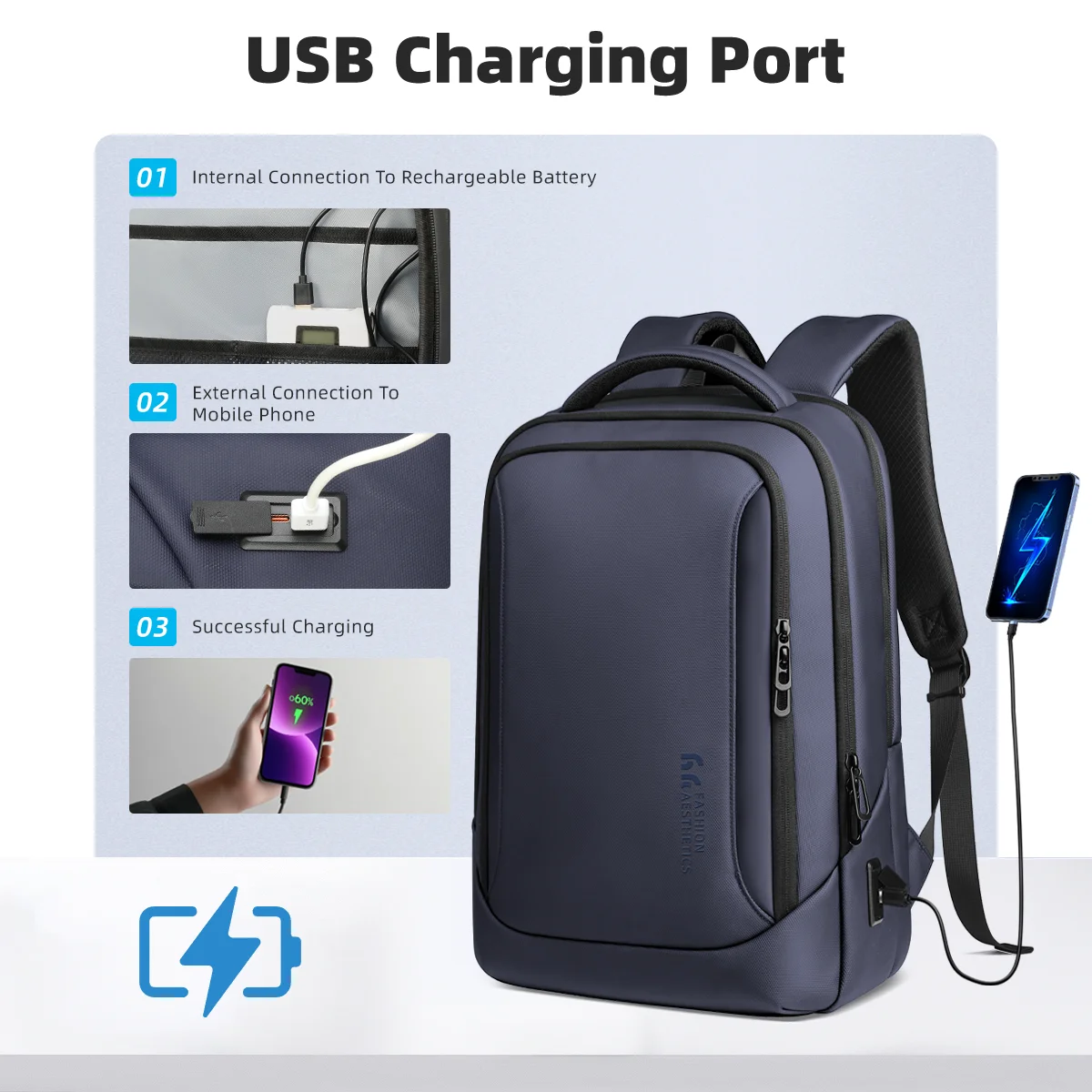 حقيبة ظهر للكمبيوتر المحمول للرجال من HcanKcan مقاس 15.6 بوصة حقيبة ظهر بسيطة للأعمال مع شحن USB حقائب مدرسية متعددة الجيوب للسفر #5