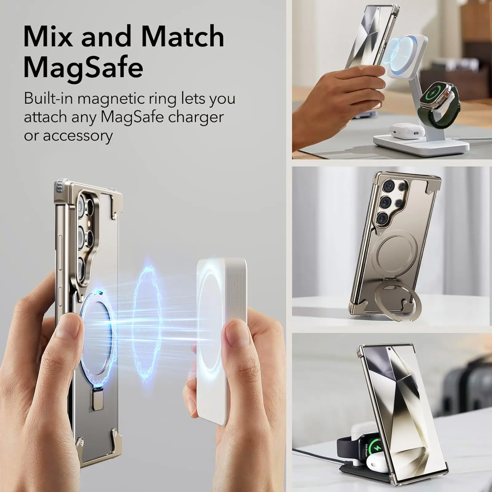 Magnetic Magsafe Aluminum Stand Framless Phone Case For Samsung Galaxy S24 S23 Ultra Metal Shell Frosted Matte Back Cover Funda