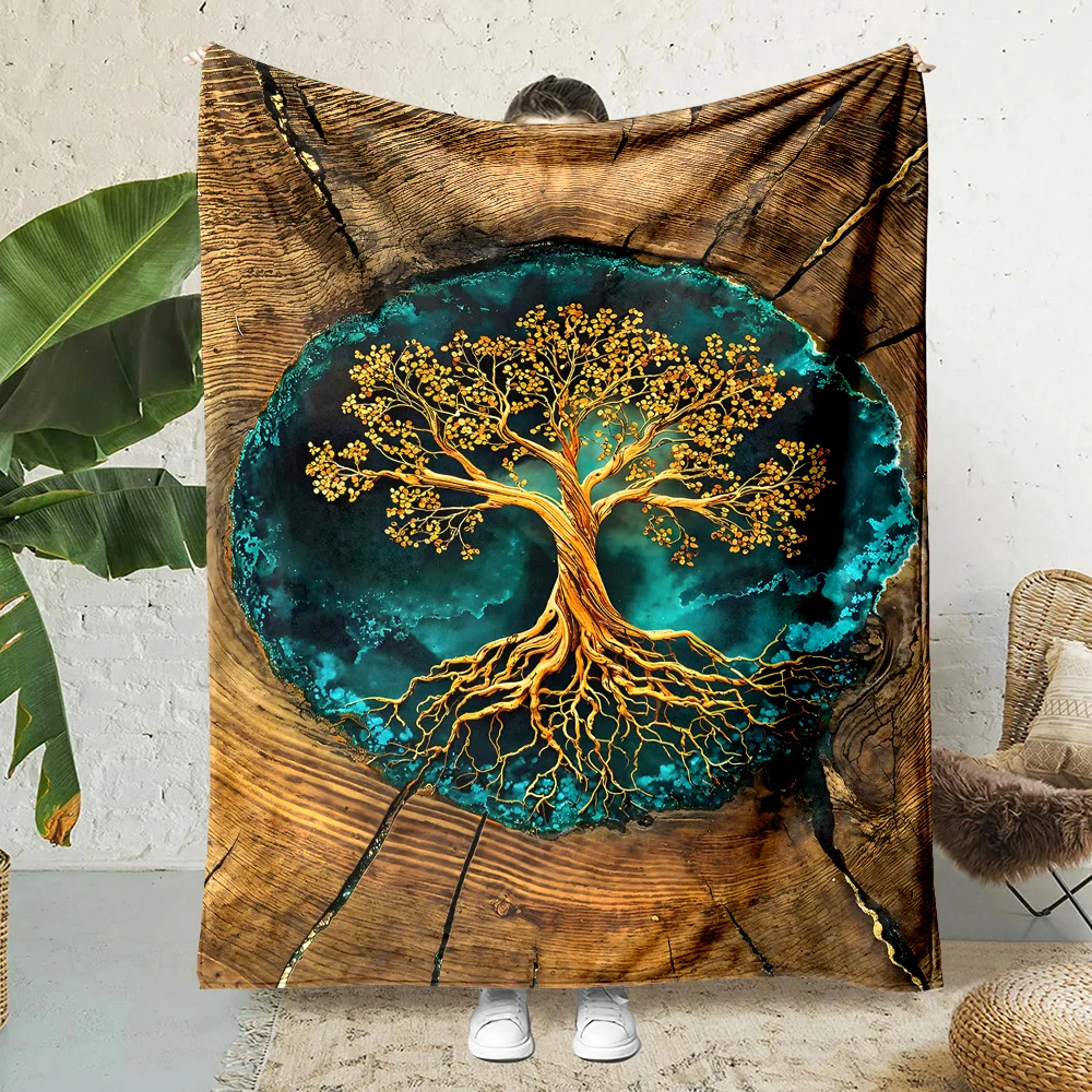 

Golden tree of life teal geode roots Print Blanket Warm Soft Fluffy Kids and Adult Sofa Bed Throw Outdoor Travel Camping RV