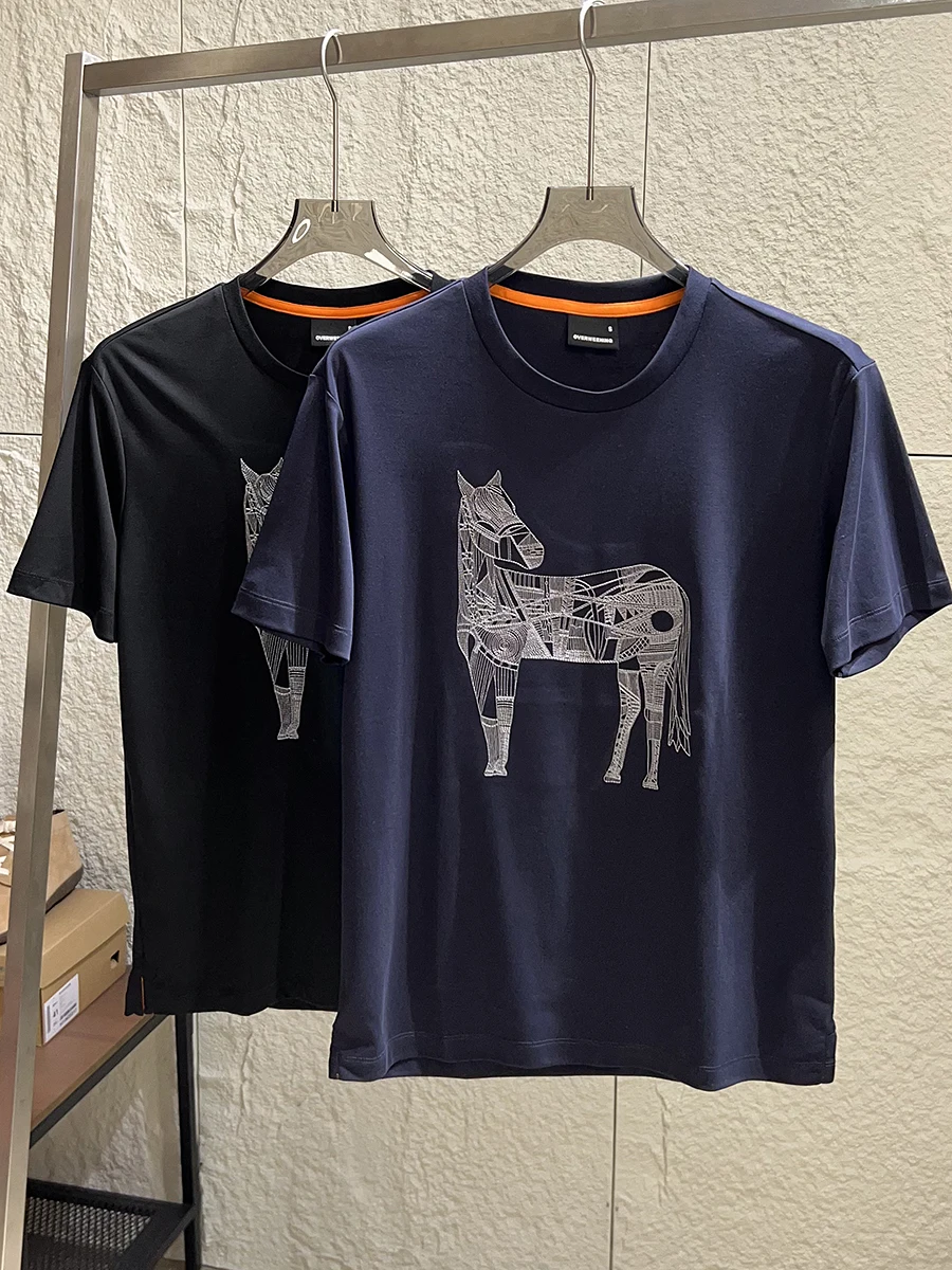 

Light Cotton Silklike Men's Tshirt round Neck Short Sleeve Embroidered Pure Cotton Summer Fashionable Urban Wear