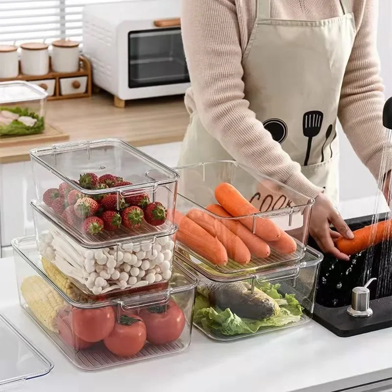 Clear Plastic Fridge Organizer Bin with Lid, Stackable Refrigerator Storage Box for Kitchen Pantry Food Container