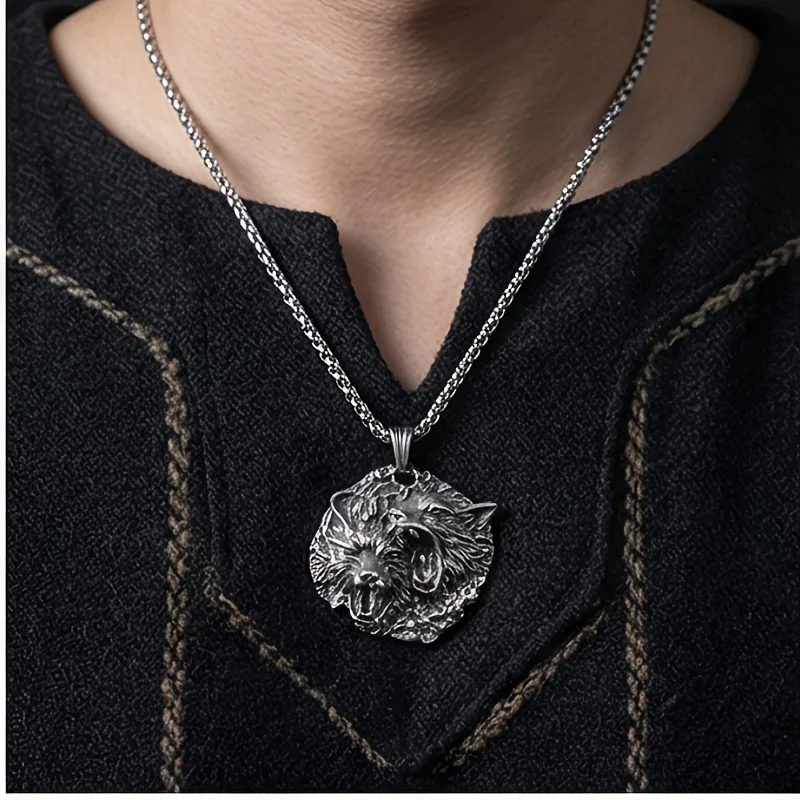Viking Double Wolf Head Stainless Steel Necklace | 3D Double Roaring Wolf Head Pendant with Necklace, Textured to Restore the Wi