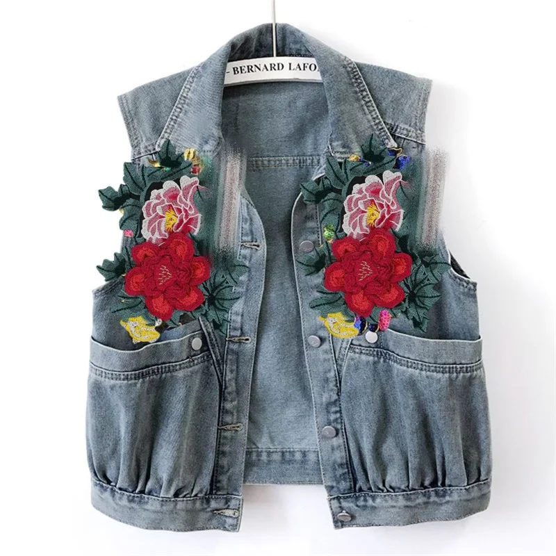 

Denim Vest Women's Coat New Heavy Industry Three-dimensional Embroidery Flower Shoulder Slim Fitting Vest