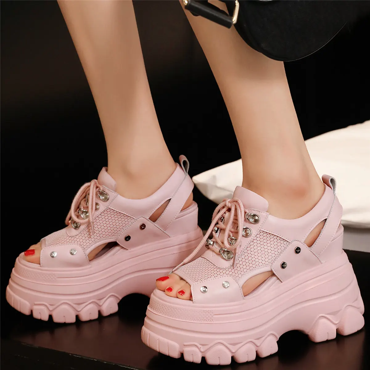 

Breathable Mesh Pumps Women Cow Leather Wedges High Heel Gladiator Sandals Female Summer Open Toe Fashion Sneakers Casual Shoes