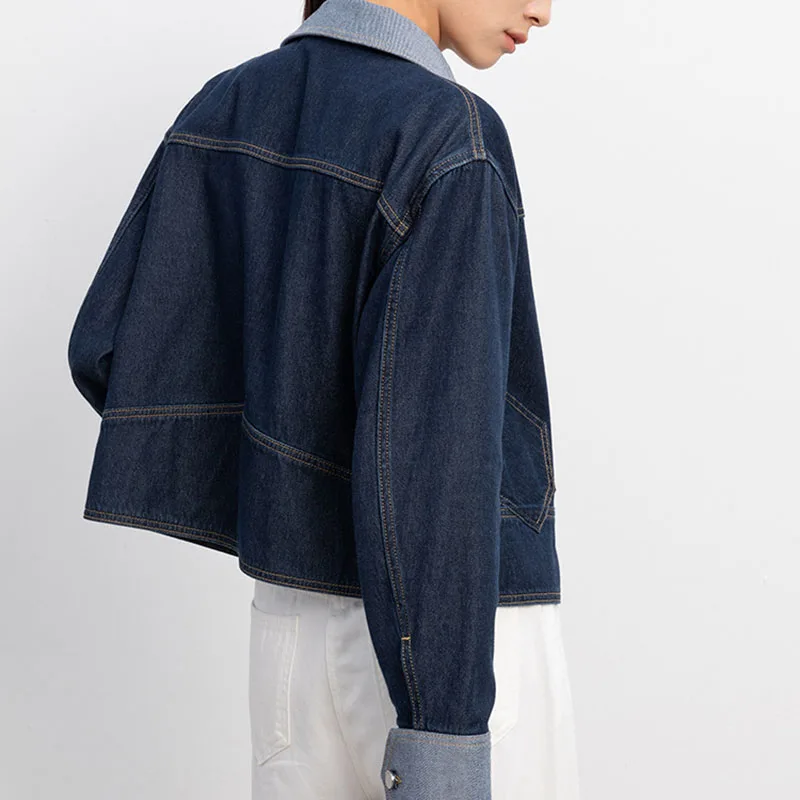 Vintage Design Color Contrast Tooling Denim Coat 2025 Spring Autumn New Short   Top Fashion Splice Lapel Women Denim Jacket H311