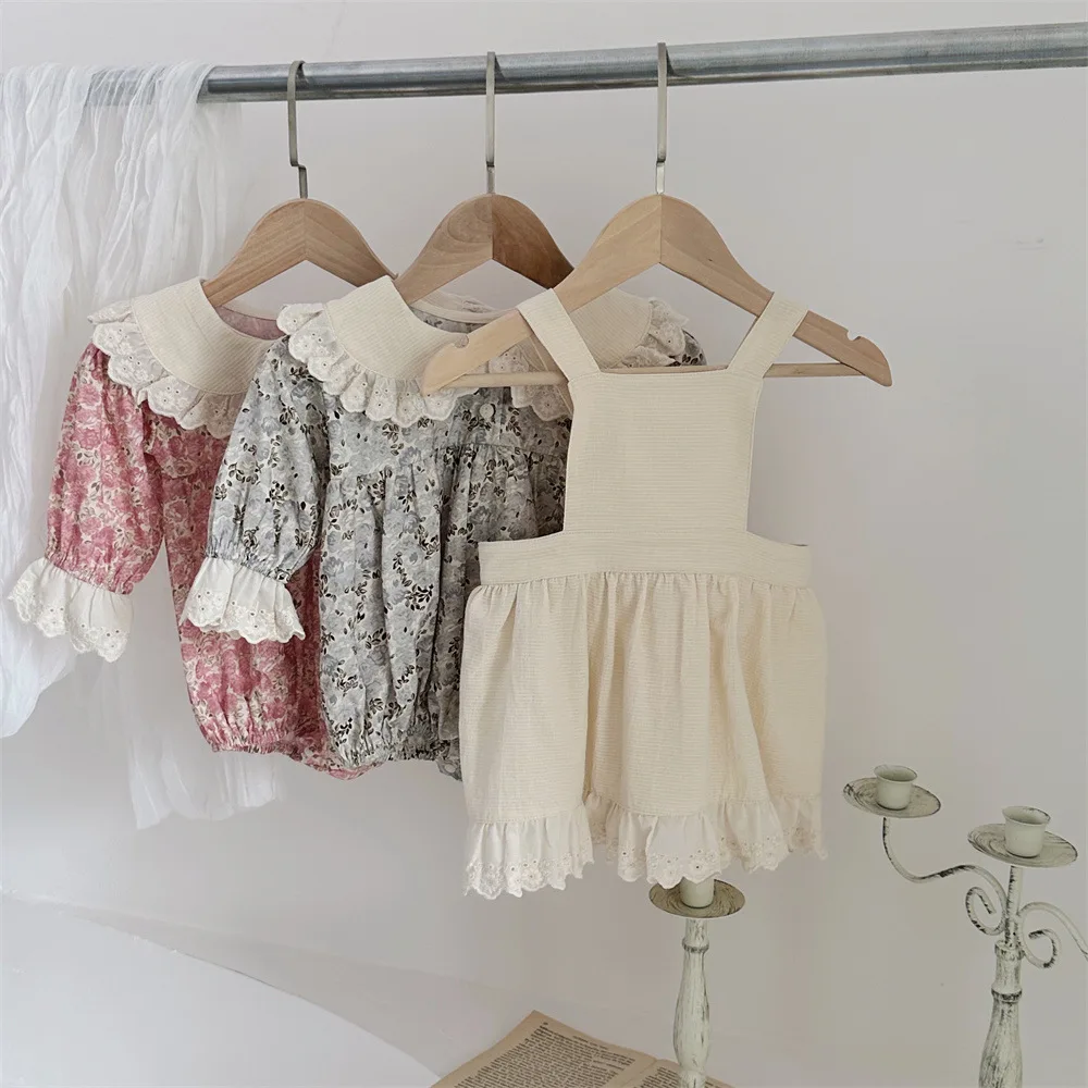 Autumn Baby Girls Clothes Floral Bodysuit &One Piece Peter Pan Collar Bodysuit And Option Apron