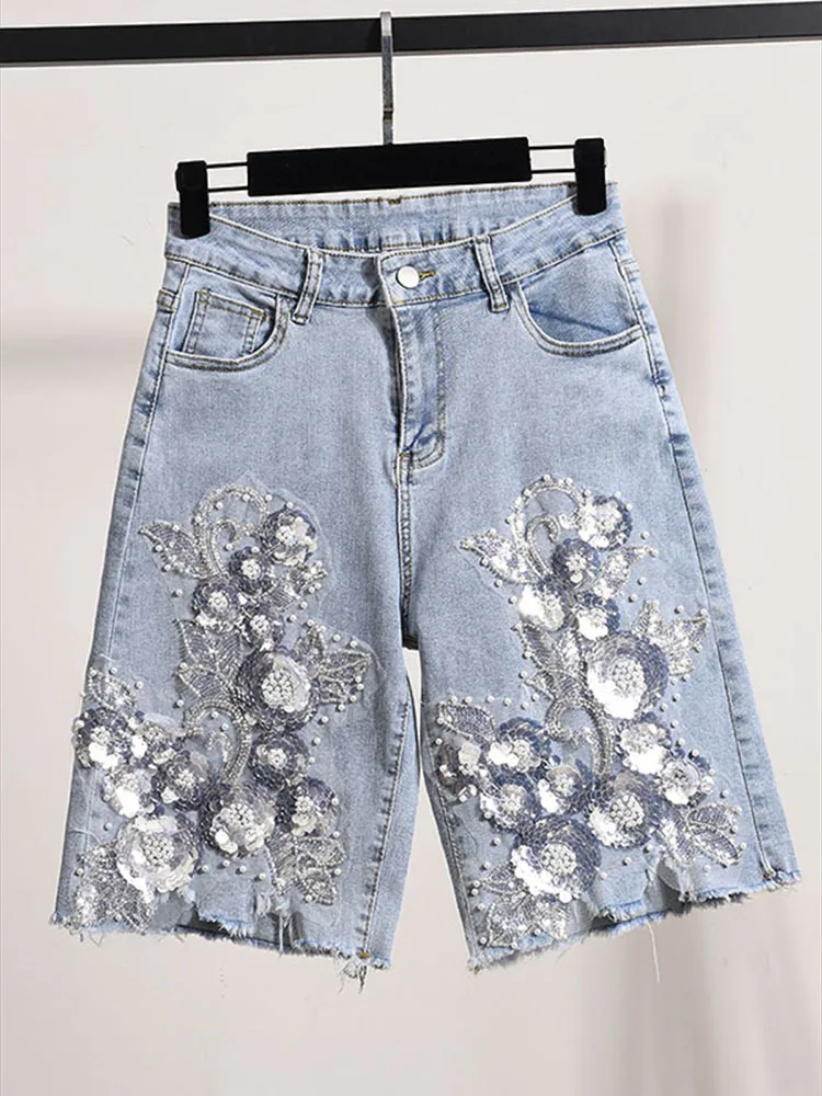 Heavy Industry Embroidered High waist Jeans for Women New shorts summer 2024 Wide Leg Shorts