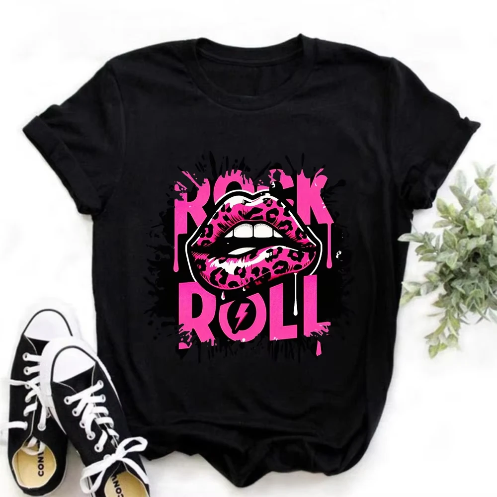 Unisex Leopard Lips T‑Shirt Dripping Glitter Lip Print Crewneck Vintage Rock Casual Streetwear Trendy Party Short Sleeve Tee Top