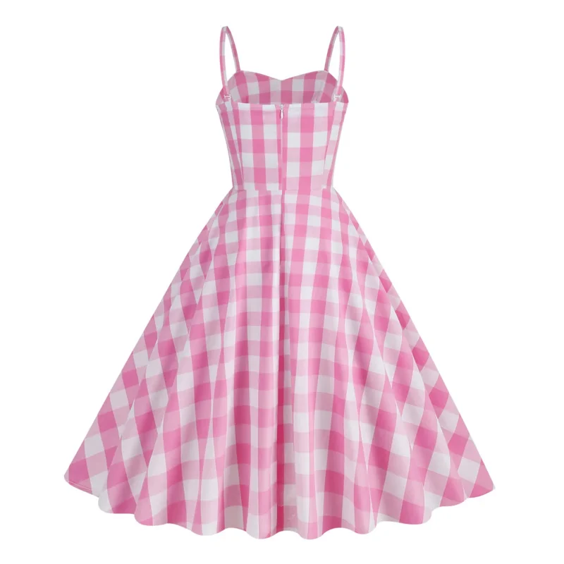 Women Vintage Pink Plaid Dress Retro Rockabilly Spaghetti Strap Suspenders Cocktail Party 1950s 40s Swing Dress Summer Dress OA3