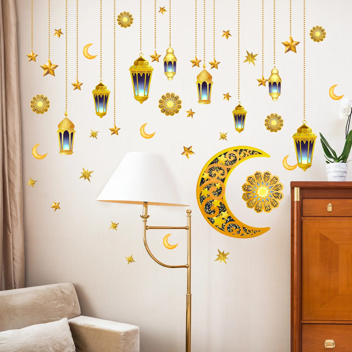 Eid Mubarak Wall Stickers Moon Star Lantern Wall Decal Ramadan Kareem Decorations For Home 2023 Islamic Muslim Mural Stickers