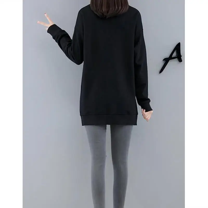 Korean O Neck Black Zipper Patchwork Tunic Pullover Top Female Casual Loose Long Sleeve Streetwear Sweatshirt Women Clothing 4XL