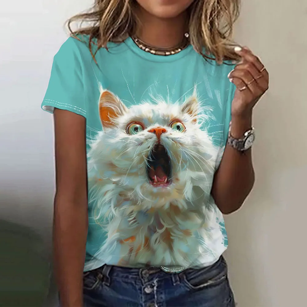 Damska Koszulka Śmieszny Straszny Zwierzęcy Nadruk Klasyczna Moda Codzienna Uliczna Okrągły Dekolt Oversize Letnia Odzież Damska
