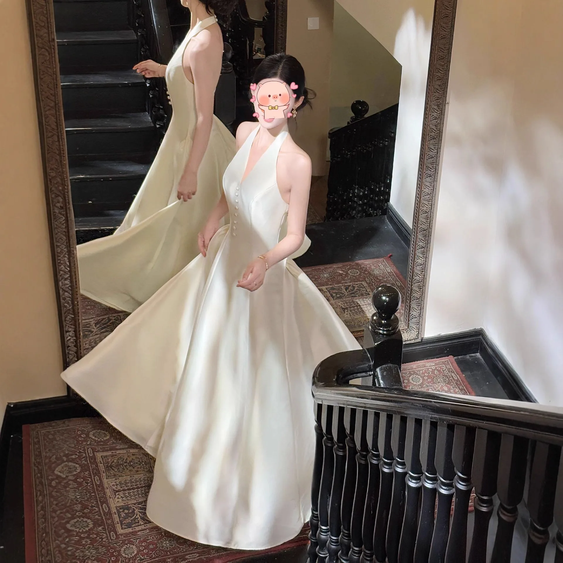 프렌치 스타일 심플 엘레강트 새틴 웨딩 이브닝 드레스 홀터 브이넥 섹시 백리스 하이웨이스트 슬림 A라인 롱 드레스 여성용