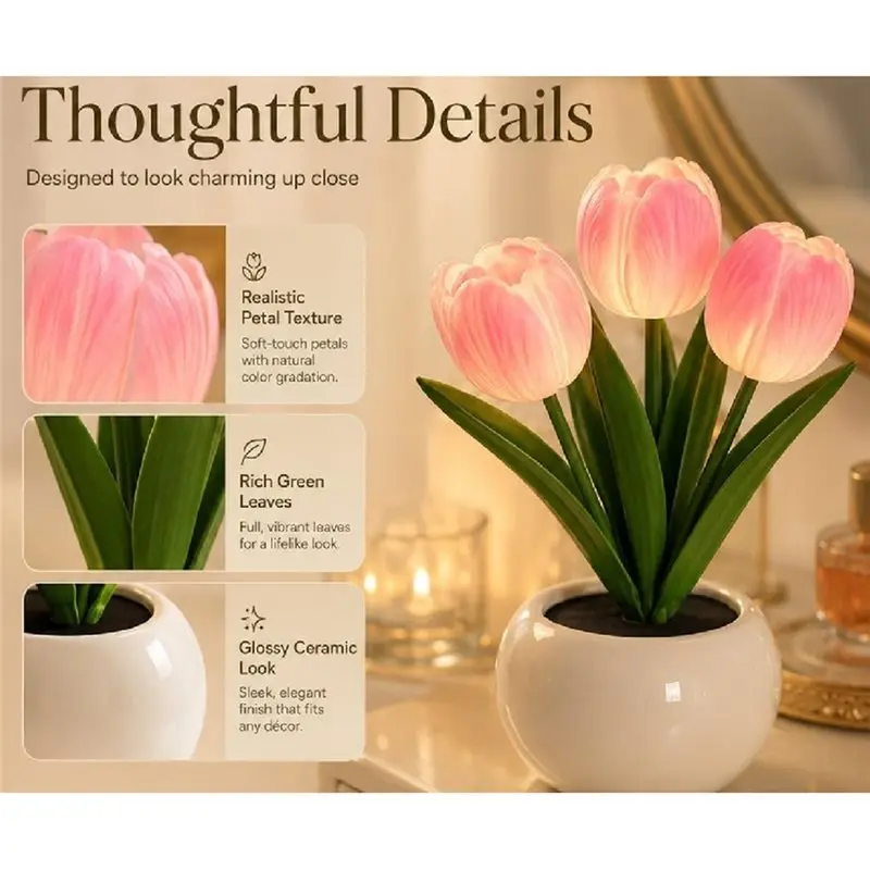 T19C LED Night Light Bedroom Bedside Sleep Light Simulated Flower Atmosphere Decorative Tulip Light For Dormitories Bedhead