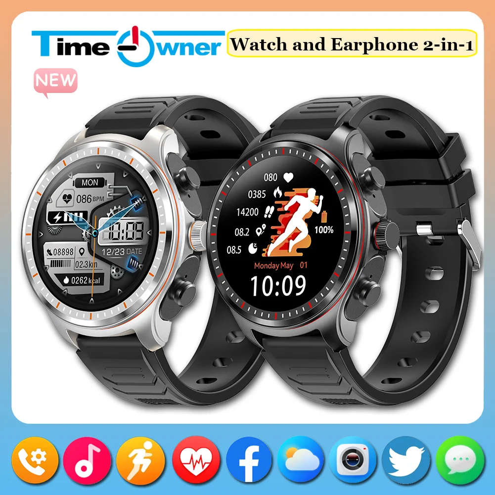 Jam tangan pintar pemilik waktu headset Bluetooth 2 In 1 baru jam tangan panggilan pemutar musik nirkabel TWS jam tangan latihan pemantau denyut jantung