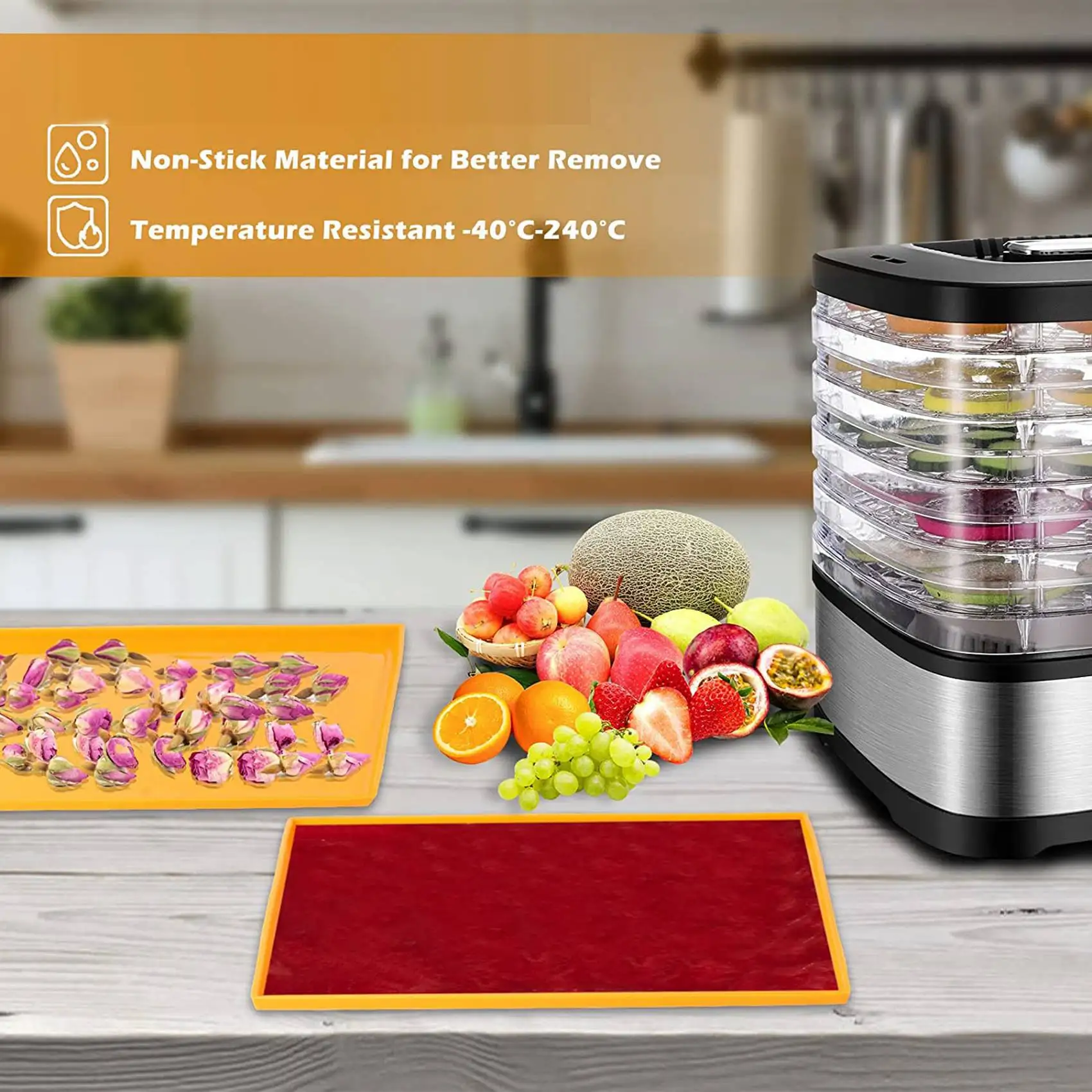 

8PCS Silicone Dehydrator Sheets Dehydrator Mats With Edge For Fruit Leather Liquid Fruits Meat Herbs With Scraper-B61B