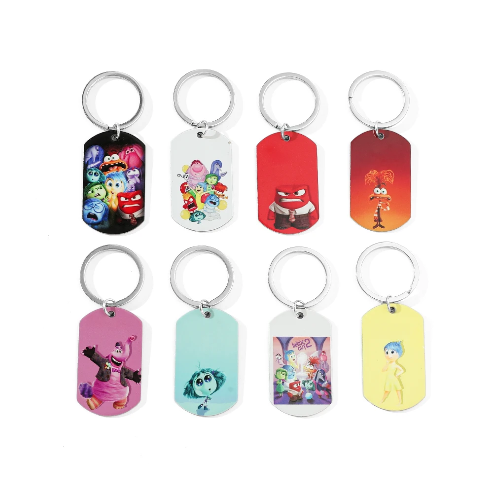 Disney-Inside Out Keychains, Cute Cartoon Keyrings, Anime Joy, Anger, Disgust, Fear Action, Stainless Steel Color Printing