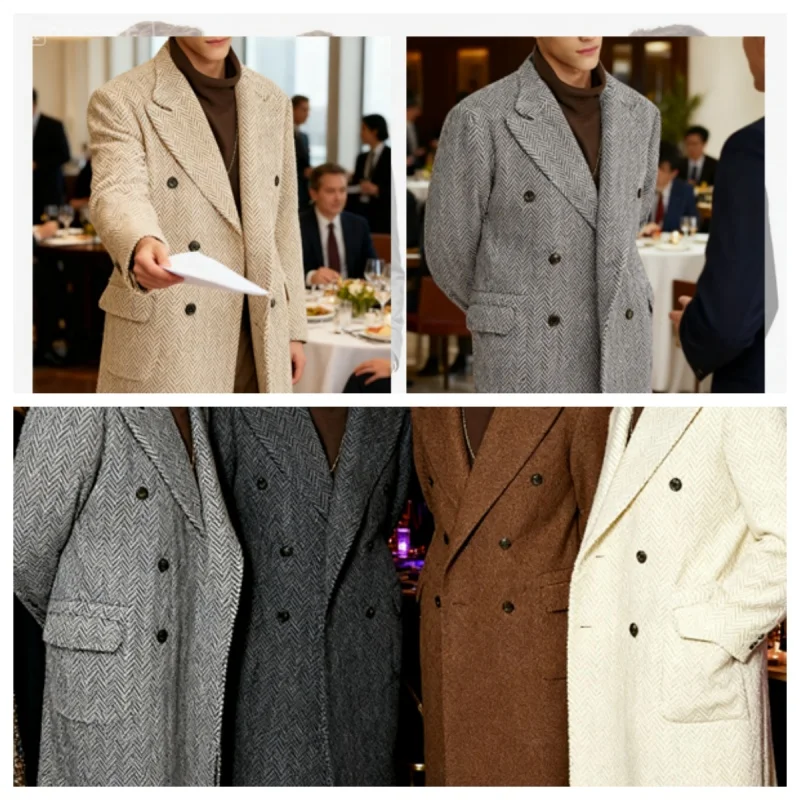 Wollmischung, Fischgrätenmuster-Tweed-Mantel, lange Jacke, Herren-Anzugjacke, dick, breites Revers, zweireihig, Hochzeitsbankett, Partykleidung