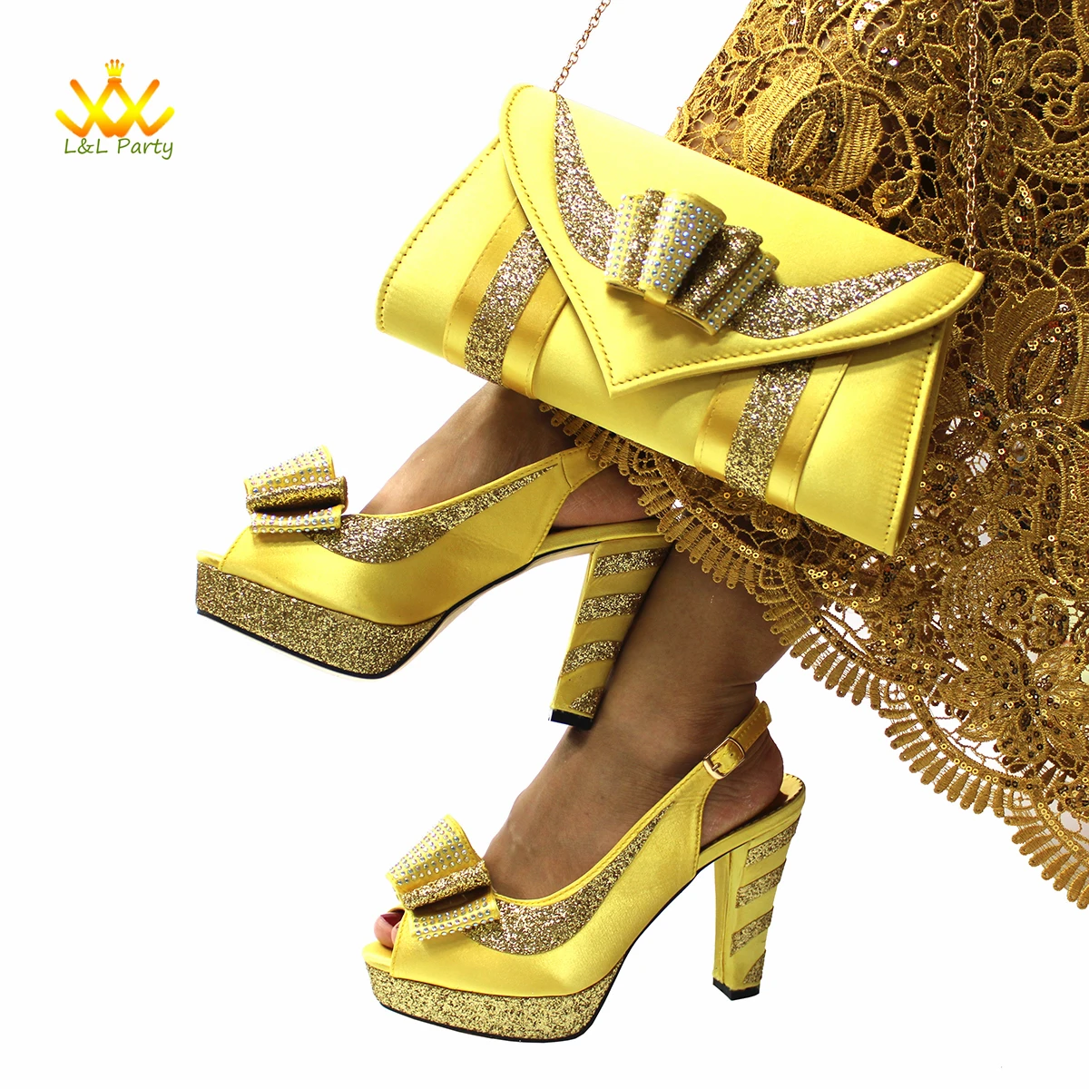 

2022 Latest High Quality Yellow Color Peep Toe Shoes Matching Bag Set For Mature Ladies Wedding Party