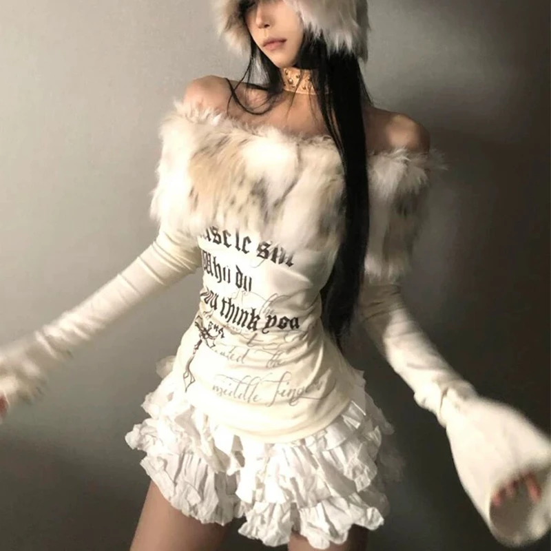 Genayooa Vintage Y2k T Shirt Women Off Shoulder Janapese 2000s Fur Collar Tops Fairycore Print Graphic Tops Aesthetic Grunge Top