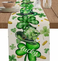 Spring St.Patrick Clovers Lucky Hats Linen Table Runner Party Decor Washable Kitchen Dining Table Runner St.Patrick Decorations